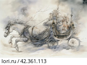 Horse-drawn carriage in the winter forest. Watercolor painting. Стоковое AI-изображение, AI-художник Анна Кривицкая / Фотобанк Лори