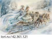 Horse-drawn carriage in the winter forest. Watercolor painting. Стоковое AI-изображение, AI-художник Анна Кривицкая / Фотобанк Лори