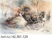 Horse-drawn carriage in the winter forest. Watercolor painting. Стоковое AI-изображение, AI-художник Анна Кривицкая / Фотобанк Лори