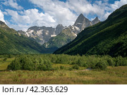 View of the floodplain of the Gonachkhir River in the northern foothills of the Caucasus Mountains near the village of Dombay on a sunny summer day, Karachay-Cherkessia, Russia. Стоковое фото, фотограф Ula Ulachka / Фотобанк Лори