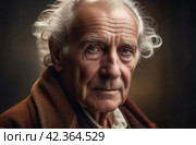 Close-up outdoor portrait of gray haired old man wearing vintage hat, coat. Observant elderly man look at camera. 20th century Stylish retro old-fashioned suit look. Senior nostalgic wrinkled face man. Стоковое AI-изображение, AI-художник Марина Демидюк / Фотобанк Лори
