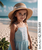Милая девочка на пляже в шляпе | Cute little girl on the beach wearing a hat. Стоковое AI-изображение, AI-художник Данил Рыбаков / Фотобанк Лори