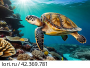 Green sea Turtle (Testudines) mammal swimming in tropical underwaters. Turtles in underwater wild animal world. Observation of wildlife ocean. Scuba diving adventure in Ecuador coast. Стоковое AI-изображение, AI-художник Aleksandr Golubev / Фотобанк Лори
