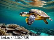 Green sea Turtle (Testudines) mammal swimming in tropical underwaters. Turtles in underwater wild animal world. Observation of wildlife ocean. Scuba diving adventure in Ecuador coast. Стоковое AI-изображение, AI-художник Aleksandr Golubev / Фотобанк Лори