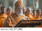 A Holy Wish for the Success of the New Church: A Blessing of Mission in a Preaching from a Sanctified Priest. Стоковое AI-изображение, AI-художник Юрий Поздников / Фотобанк Лори