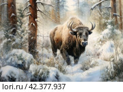 European bison in winter forest. Wildlife scene from nature. Digital painting. Стоковое AI-изображение, AI-художник Анна Кривицкая / Фотобанк Лори