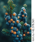 Close-up of the edge and texture of an entire juniper branch with berries,Generative AI. Стоковое AI-изображение, AI-художник Анна Кривицкая / Фотобанк Лори