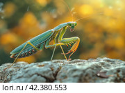 Mantis on a green background,Generative AI. Стоковое AI-изображение, AI-художник Анна Кривицкая / Фотобанк Лори