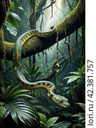 A snake hanging from a branch. Стоковое AI-изображение, AI-художник RamA / Фотобанк Лори