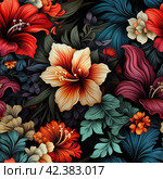 Hawaiian Design: With the following Blending ratios: floral designs with tropical rainforest broad leaves and blooms, it true, black background --no mock up ,Generative AI. Стоковое AI-изображение, AI-художник Анна Кривицкая / Фотобанк Лори