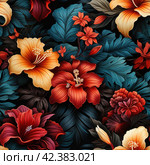 Hawaiian Design: With the following Blending ratios: floral designs with tropical rainforest broad leaves and blooms, it true, black background --no mock up ,Generative AI. Стоковое AI-изображение, AI-художник Анна Кривицкая / Фотобанк Лори