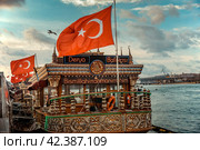 Фастфуд в Стамбуле, залив Золотой рог, Балык экмек (2019 год). Стоковое фото, фотограф Андрей Бойков / Фотобанк Лори