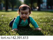 Crying unhappy baby girl crawling in green grass lawn summer urban park, sad depressed. Sorrowful kid creeping in city springtime season. Concept of childhood and baby health care. Copy text space. Стоковое AI-изображение, AI-художник Aleksandr Golubev / Фотобанк Лори