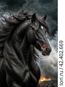 Black horse close-up. Стоковое AI-изображение, AI-художник RamA / Фотобанк Лори