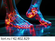 Joint diseases, hallux valgus, plantar fasciitis, heel spur, woman's leg hurts, pain in the foot, health problems concept, AI Generated. Стоковое AI-изображение, AI-художник Станислав Тарко / Фотобанк Лори