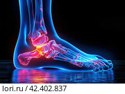 Joint diseases, hallux valgus, plantar fasciitis, heel spur, woman's leg hurts, pain in the foot, health problems concept, AI Generated. Стоковое AI-изображение, AI-художник Станислав Тарко / Фотобанк Лори