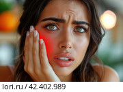 Young woman with toothache, periodontal disease in wisdom teeth, gum inflammation, dental pain, health problems concept, AI Generated. Стоковое AI-изображение, AI-художник Станислав Тарко / Фотобанк Лори