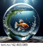 Fish among algae in a glass sphere filled with water. Стоковое AI-изображение, AI-художник RamA / Фотобанк Лори
