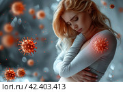 Coronavirus quarantine concept, woman experiences malaise, catarrhal disease, bacteria and viruses, health problems, AI Generated. Стоковое AI-изображение, AI-художник Станислав Тарко / Фотобанк Лори