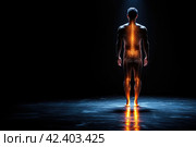 Full length man on a black background, human skeleton, lumbar and neck pain, intervertebral spine hernia, back pain, spinal disc disease, hip joint arthritis, copy space, AI Generated. Стоковое AI-изображение, AI-художник Станислав Тарко / Фотобанк Лори