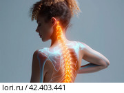 Hernia of the cervical spine, neck pain, woman suffering from backache, spondylosis of the intervertebral disc, health problems concept, AI Generated. Стоковое AI-изображение, AI-художник Станислав Тарко / Фотобанк Лори
