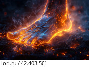 Legs burning in fire, heel spur, pain in the foot, skin diseases concept, joint inflammation, hallux valgus, plantar fasciitis, AI Generated. Стоковое AI-изображение, AI-художник Станислав Тарко / Фотобанк Лори