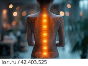 Shoulder-scapular periarthritis, shoulder blades, lumbar and neck pain, intervertebral spine hernia, woman with back pain at home, spinal disc disease, hip joint arthritis, AI Generated. Стоковое AI-изображение, AI-художник Станислав Тарко / Фотобанк Лори