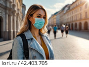COVID-19 concept. Portrait social woman tourist in city wearing medical mask against disease virus SARS-CoV-2. Female with face mask walking with respecting distancing during pandemic coronavirus 2019. Стоковое AI-изображение, AI-художник Aleksandr Golubev / Фотобанк Лори