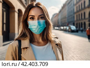 COVID-19 concept. Portrait social woman tourist in city wearing medical mask against disease virus SARS-CoV-2. Female with face mask walking with respecting distancing during pandemic coronavirus 2019. Стоковое AI-изображение, AI-художник Aleksandr Golubev / Фотобанк Лори