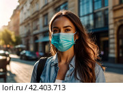 COVID-19 concept. Portrait social woman tourist in city wearing medical mask against disease virus SARS-CoV-2. Female with face mask walking with respecting distancing during pandemic coronavirus 2019. Стоковое AI-изображение, AI-художник Aleksandr Golubev / Фотобанк Лори