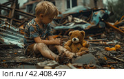 Sad child in destroyed city during war. Стоковое AI-изображение, AI-художник Ярославский Максим / Фотобанк Лори
