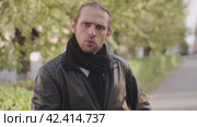 Portrait man shaking index finger toward the camera several times means prohibition. Finger wag. Стоковое видео, видеограф EStarodubov / Фотобанк Лори