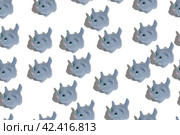Seamless background of blue felted wool toy cats. Pattern for kids, children, banner, invitation, textile. Seamless backdrop with cute toys made of felt. Стоковая иллюстрация, иллюстратор Константин Григорьев / Фотобанк Лори