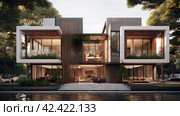 An elevation of the exterior residential building, in the style of dark beige and white, , extruded design, precisionist, contemporary glass, soft renderings, danish design,    Generative AI. Стоковое AI-изображение, AI-художник Анна Кривицкая / Фотобанк Лори