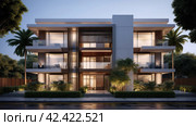 An elevation of the exterior residential building, in the style of dark beige and white, , extruded design, precisionist, contemporary glass, soft renderings, danish design,    Generative AI. Стоковое AI-изображение, AI-художник Анна Кривицкая / Фотобанк Лори
