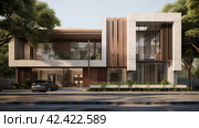 An elevation of the exterior residential building, in the style of dark beige and white, , extruded design, precisionist, contemporary glass, soft renderings, danish design,    Generative AI. Стоковое AI-изображение, AI-художник Анна Кривицкая / Фотобанк Лори