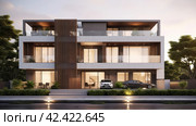 An elevation of the exterior residential building, in the style of dark beige and white, , extruded design, precisionist, contemporary glass, soft renderings, danish design,    Generative AI. Стоковое AI-изображение, AI-художник Анна Кривицкая / Фотобанк Лори