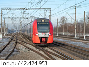 Приближающийся электропоезд ЭС2Г-025 "Ласточка" мартовским днем.  Октябрьская железная дорога (2024 год). Редакционное фото, фотограф Виктор Карасев / Фотобанк Лори