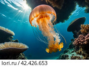 Jellyfish (Cubozoa) swimming in tropical underwaters bottom view. Medusa in underwater wild animal world. Observation of wildlife ocean. Scuba diving in Ecuador coast. Copy text space. Стоковое AI-изображение, AI-художник Aleksandr Golubev / Фотобанк Лори