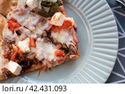 Slices of pizza with cheese with bell pepper and meat on a plate. Стоковое фото, фотограф Светлана Высокос / Фотобанк Лори