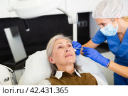 Cosmetologist doing botulotoxin injections for senior woman. Стоковое фото, фотограф Яков Филимонов / Фотобанк Лори