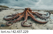 Stranded huge heavy octopus Sea beach,    Generative AI. Стоковое AI-изображение, AI-художник Анна Кривицкая / Фотобанк Лори