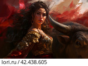 Brave Bullfighter woman red cloth bull. Generate Ai. Стоковое AI-изображение, AI-художник Иван Рябоконь / Фотобанк Лори