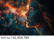 On the background of a matrix grid and puzzles image of a human female head    Generative AI. Стоковое AI-изображение, AI-художник Анна Кривицкая / Фотобанк Лори