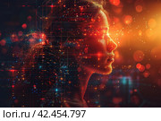 On the background of a matrix grid and puzzles image of a human female head    Generative AI. Стоковое AI-изображение, AI-художник Анна Кривицкая / Фотобанк Лори
