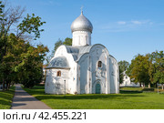 Вид на старинную церковь святого Власия (1407г.) солнечным июньским утром. Великий Новгород, Россия (2023 год). Стоковое фото, фотограф Виктор Карасев / Фотобанк Лори