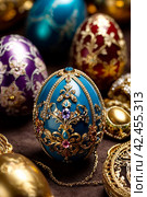 Russian jewelry souvenir, easter eggs copy of Faberge, unique impressive collection of jewelry, made by famous russian jewelers. Copy space. Стоковое AI-изображение, AI-художник Aleksandr Golubev / Фотобанк Лори
