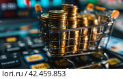 A small shopping cart filled with coins sitting on top of a keyboard, AI. Стоковое AI-изображение, AI-художник Сергей Старуш / Фотобанк Лори