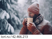 Flannel shirt man winter drinks. Generate Ai. Стоковое AI-изображение, AI-художник Иван Рябоконь / Фотобанк Лори