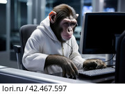 Chimpanzee laptop work. Generate Ai. Стоковое AI-изображение, AI-художник Иван Рябоконь / Фотобанк Лори